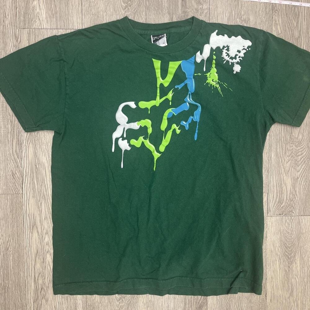 Fox Racing green t-shirt with white blue green dripping paint graphic, size L